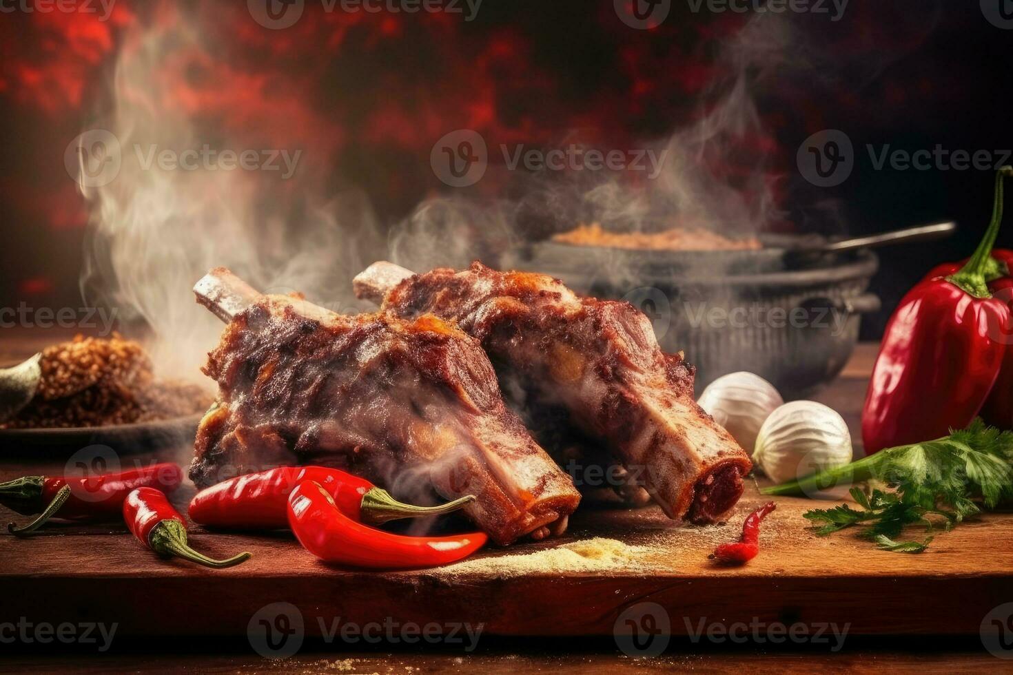 A stack of Lamb Ribs meat with smoke and pepper on the side ready to eat photo