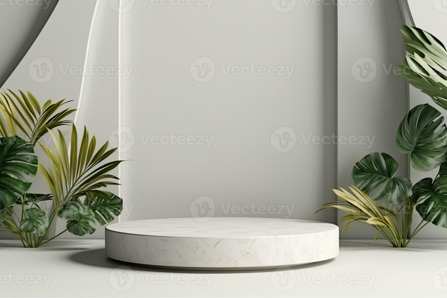 blanco redondo podio con un planta en eso y un blanco florero con un verde planta foto