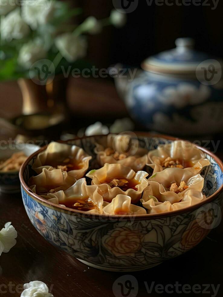 Shui lan fried wonton for chinese kung pao, in the style of flower and nature motifs AI Generated photo