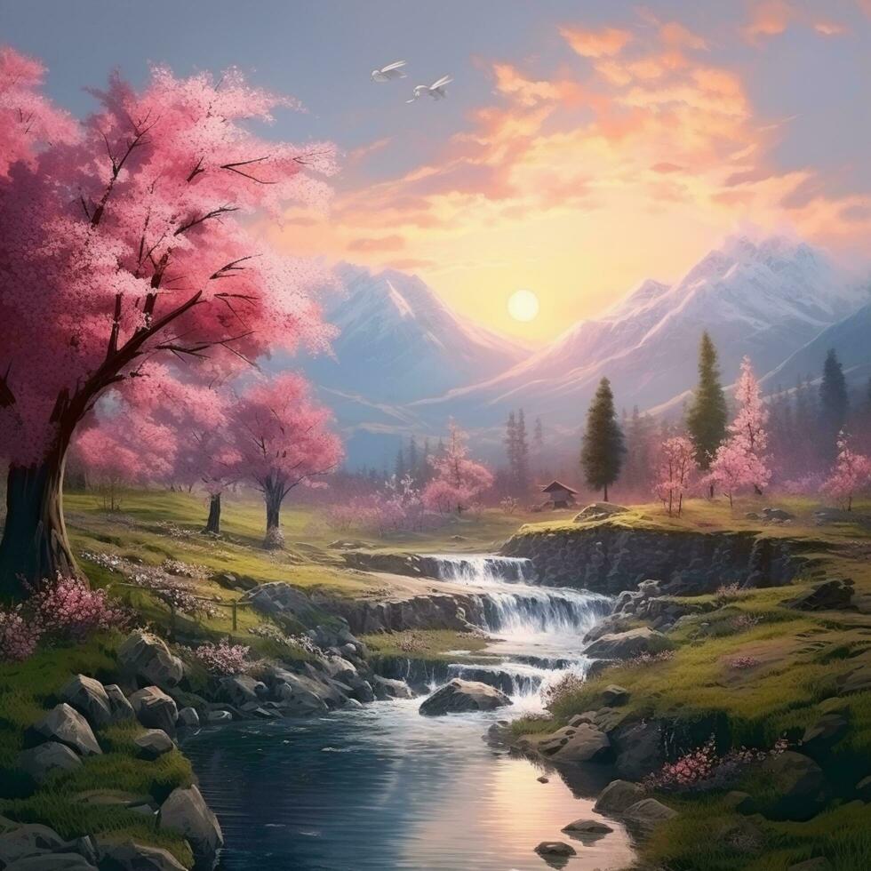 Cherry trees with small river illustration art photo