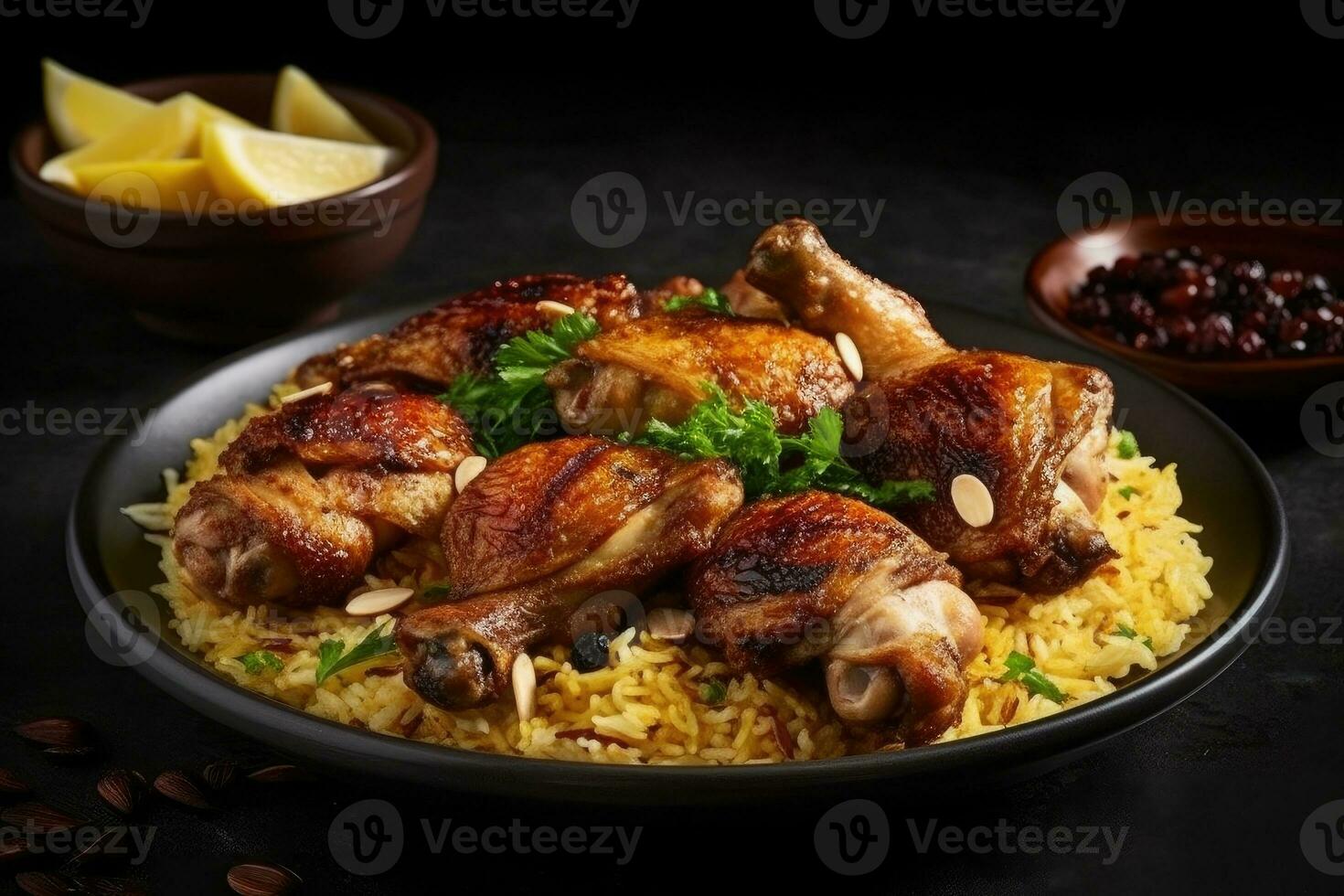 Plate of chicken with lemon and garlic on top, Generative AI photo