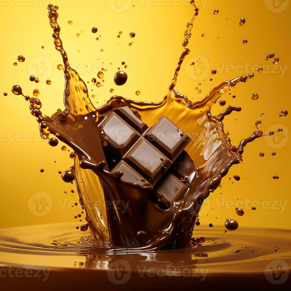 Chocolate liquid and chocolate bar splashing in the middle isolated on yellow background. Hot chocolate. photo