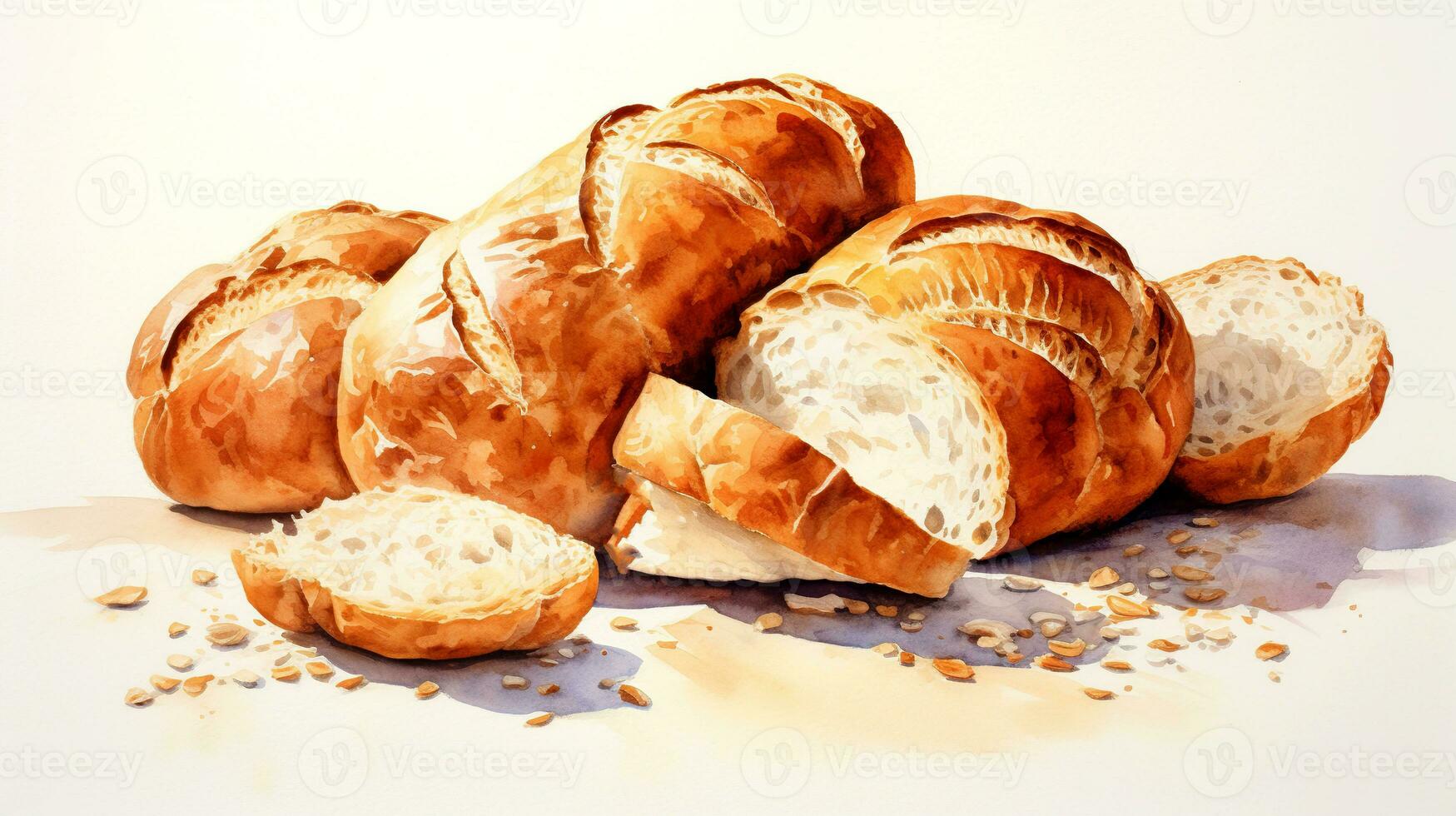 Appetizing bread whole and sliced. Bread crumbs on the table. Watercolor illustration. photo