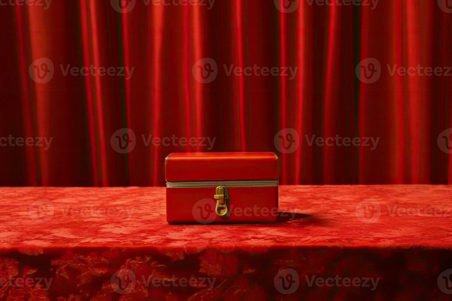 A red box with a red envelope on a table in front of a red curtain photo