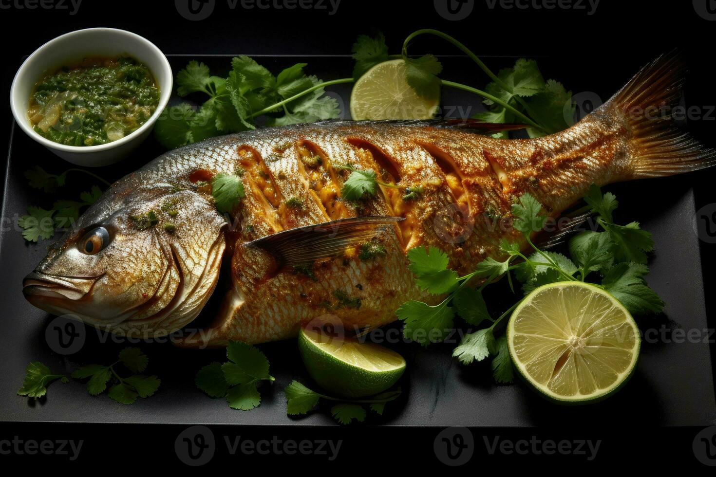 Whole fish with a grilled skin Arab food Generative AI photo