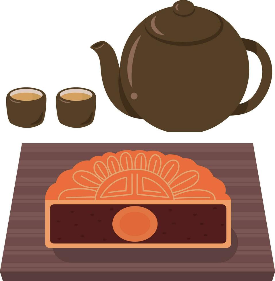 Moon Cake Traditional Dessert and Tea Cup Teapot Illustration Graphic Element Art Card vector