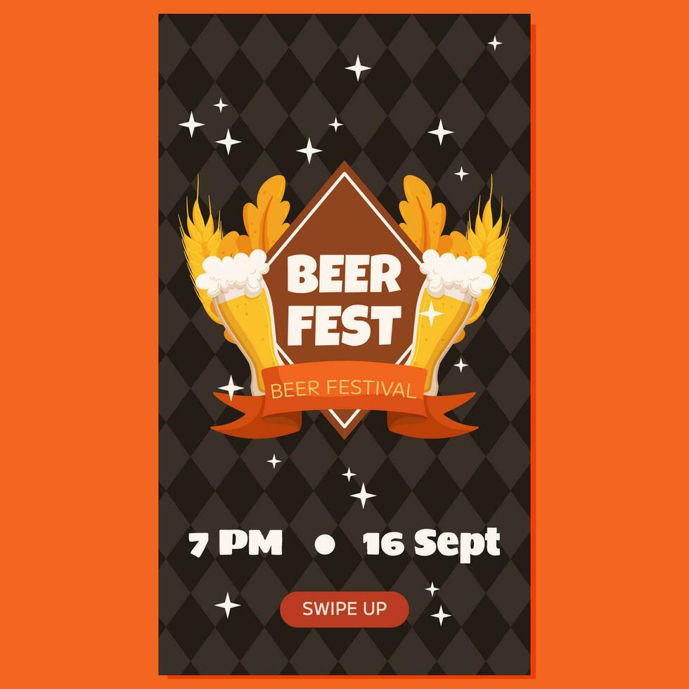 Beer festival vertical social media stories template. Design with glass of beer, wheat and leaves, banner ribbon. Rhombus pattern on back vector