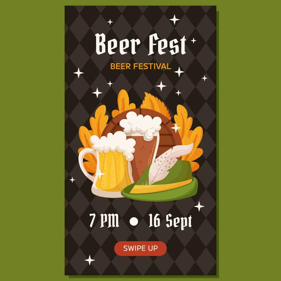 Beer festival vertical social media stories template. Design with glass of light and dark beer, tyrolean hat and leaves. Rhombus pattern on back vector