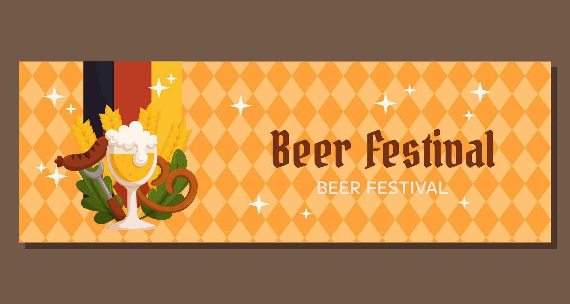 Oktoberfest German beer festival horizontal banner template. Design with glass of beer, fork with grilled sausage, pretzel, wheat and leaves, Germany color flag. Light orange rhombus pattern vector