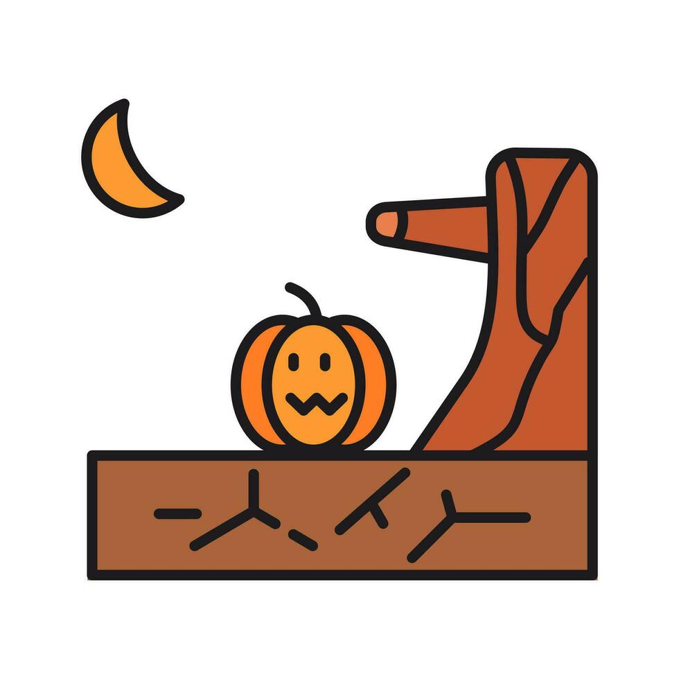 pumpkin icon under the tree, halloween night, halloween moon, isolated white background. vector