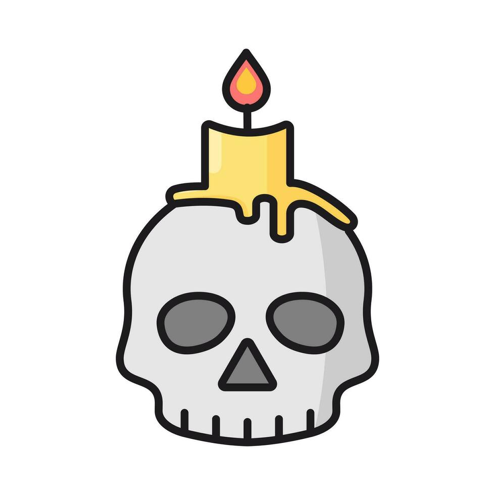Skull candles. Human skull with a candle. Halloween symbols. Human skull candlestick. Vector cartoon isolated on white background.