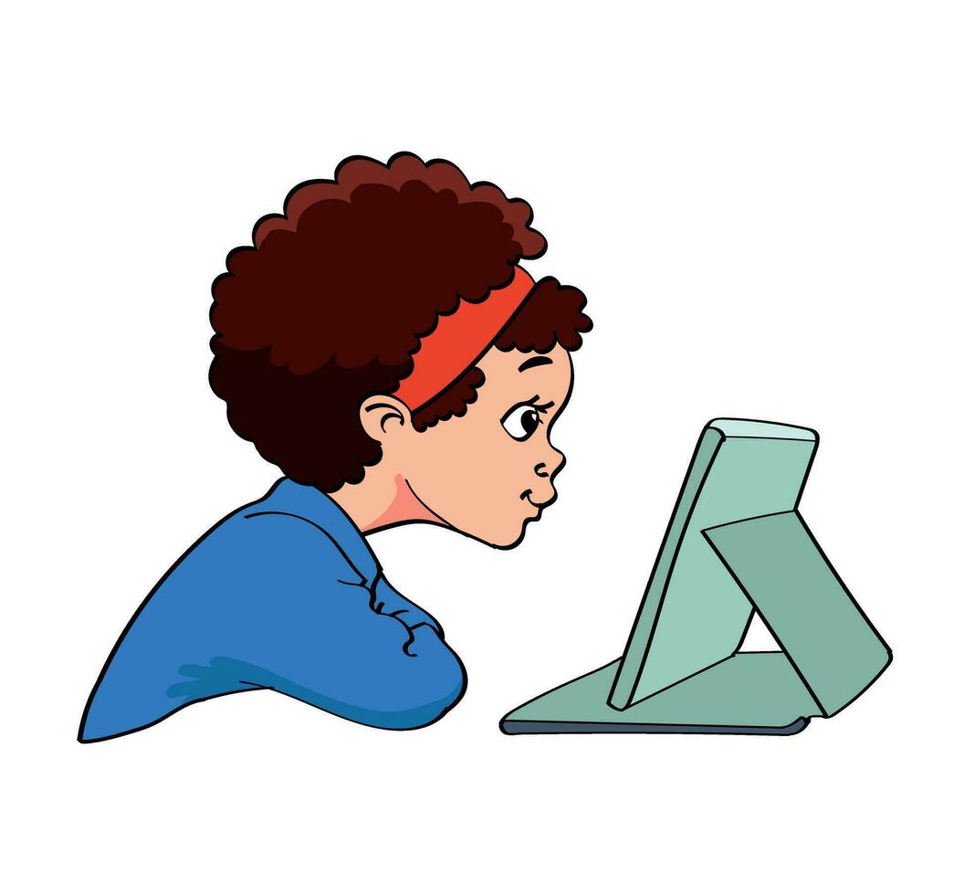 cute little kid use computer to study internet vector