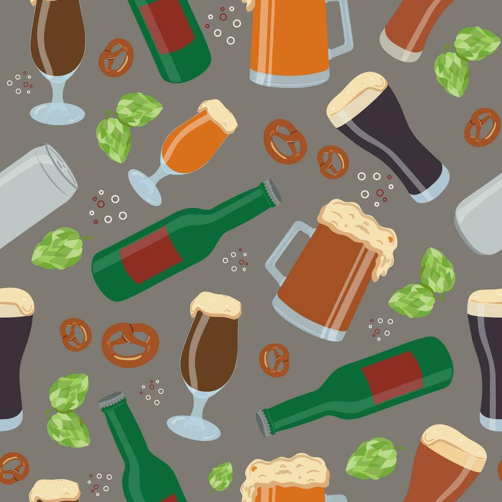 Pattern of beer products, beer in a bottle, can, mug. Hop cones. Day of beer, festival, holiday. October. Vector illustration, seamless pattern.