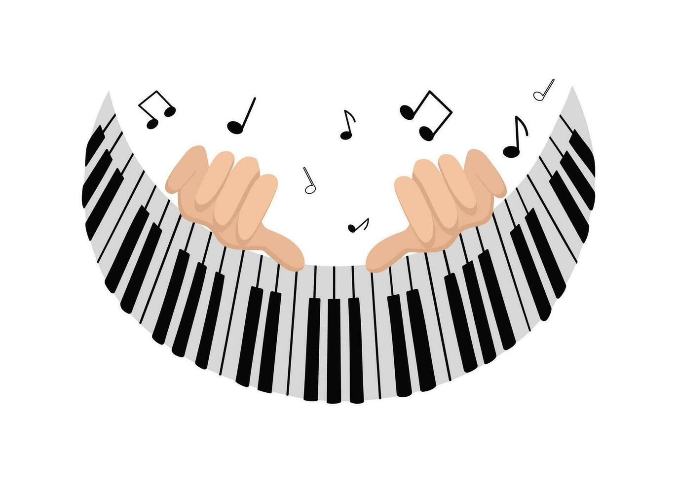 Hands and music. World piano day. Day of music. Keys of the piano, musical instrument. Play the piano. Musical performance, notes and signs. Vector illustration.