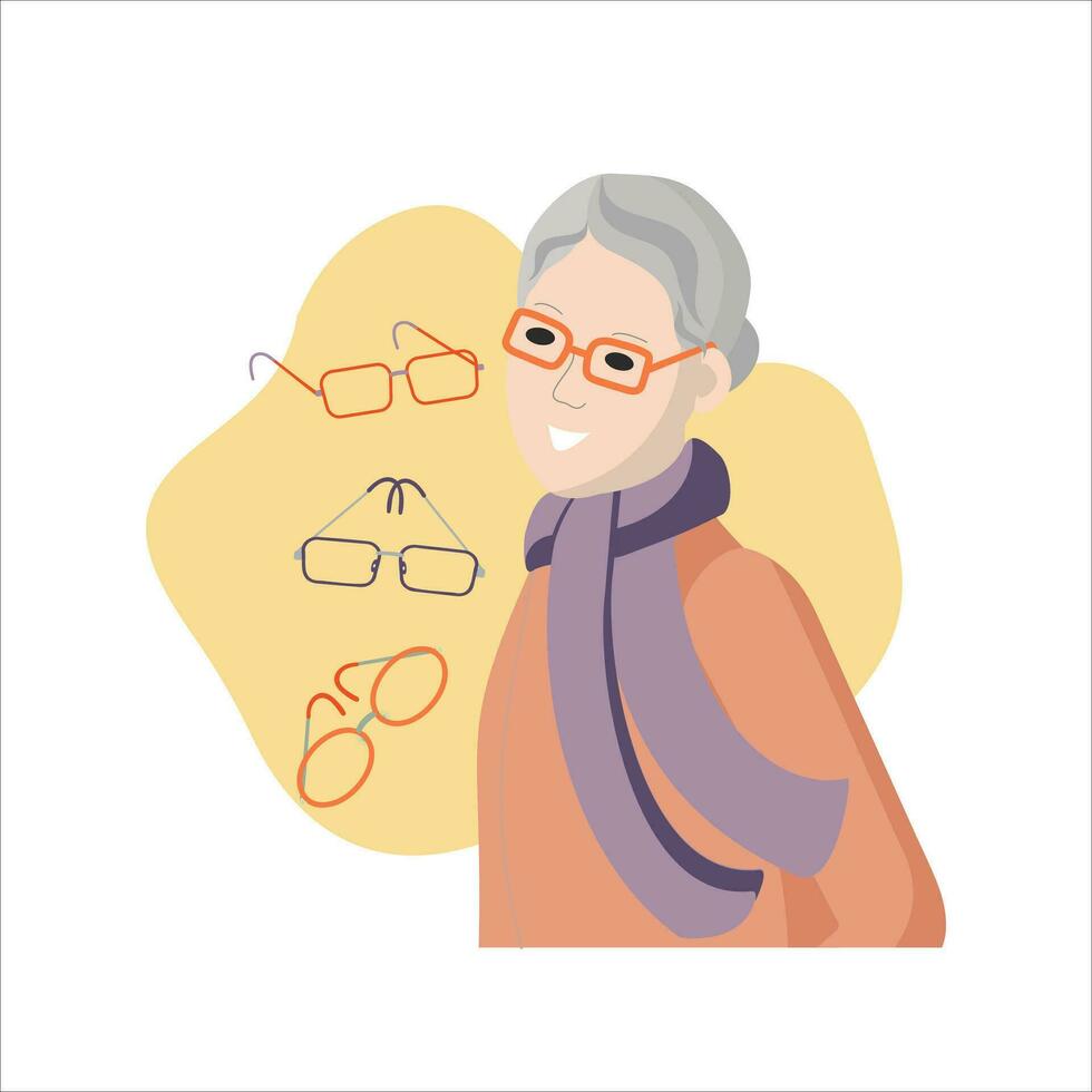 An elderly woman chooses glasses. Grandmother with glasses. Collection of eye glasses. World Sight Day. vector