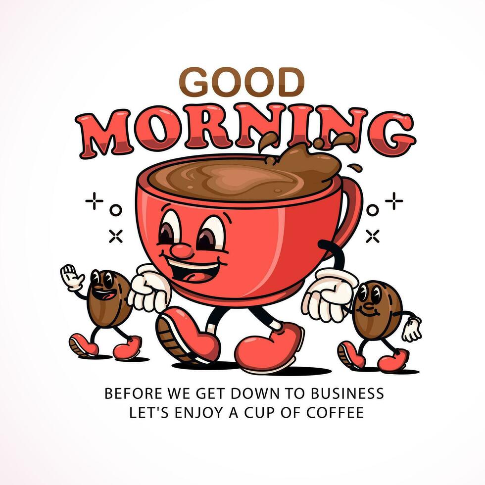 Coffee cup cartoon mascot walking around with coffee beans. Perfect for logos, mascots, t-shirts, stickers and posters vector