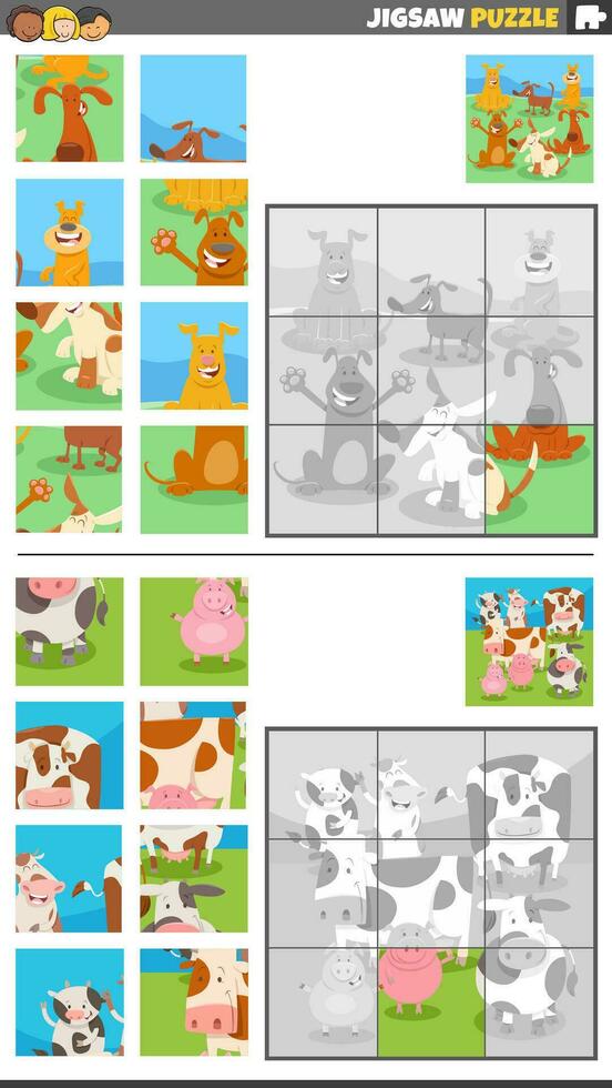 jigsaw puzzle games set with dogs and farm animal characters vector