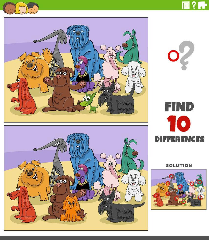 differences activity with cartoon colorful dogs characters group vector