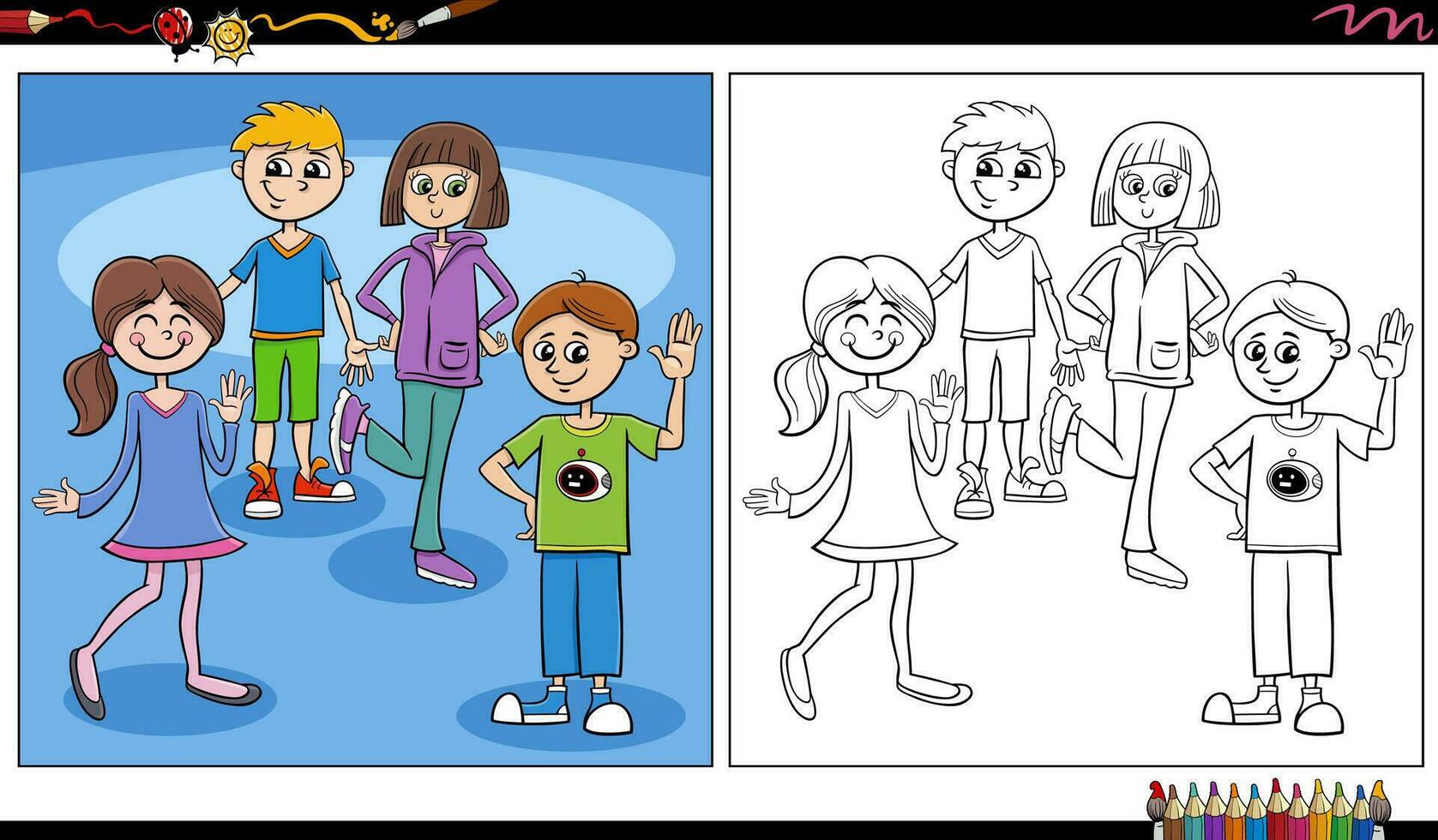 comic children and teens characters group coloring page vector