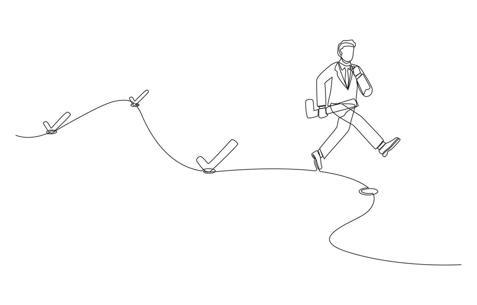 Continuous one line drawing of businessman running to next checkpoint to put check mark, journey of success, work progress concept, single line art. vector