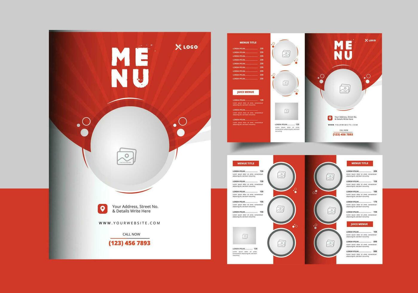 Bifold Food menu A4 size font and back brochure template red color restaurant menu design layout. vector