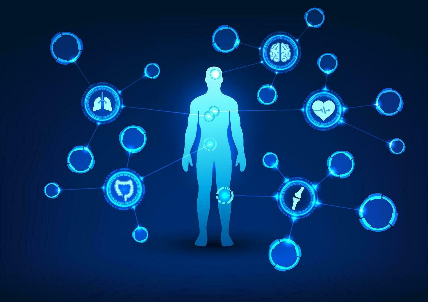 Medical technology The human body in the center is connected to a medical icon. Media holds technology combined with medicine. Provide access to the body's structure in order to diagnose disease. vector