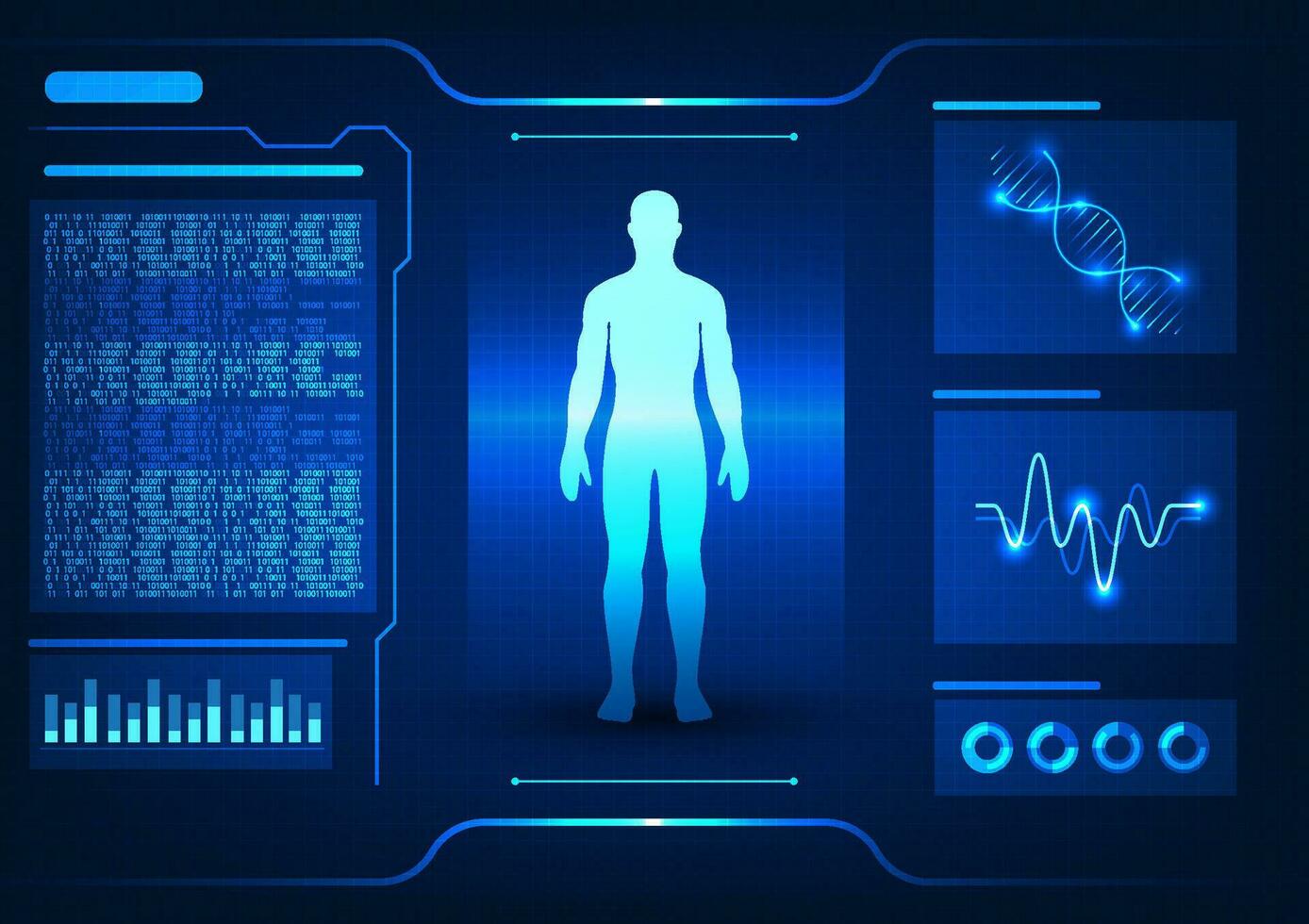 Medical technology The Human body is scanned with number code and wave graph Depicts medical technology that scans the human body to diagnose diseases and treat patients. vector