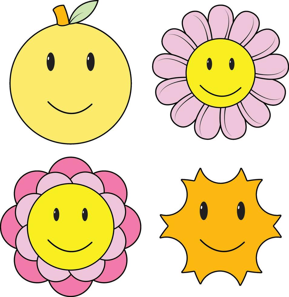 Retro Emoticon Shape. 80s Design Style. Vector Icon Set.