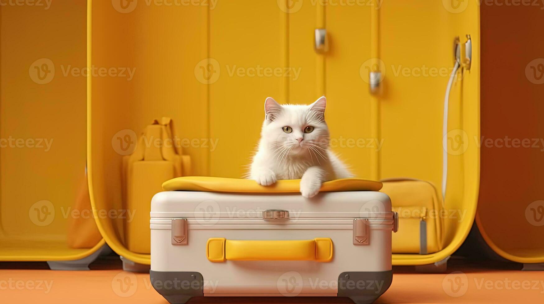 Cute white cat sitting in the suitcase. Sweet fluffy kitten is ready to travel. Generated AI. photo