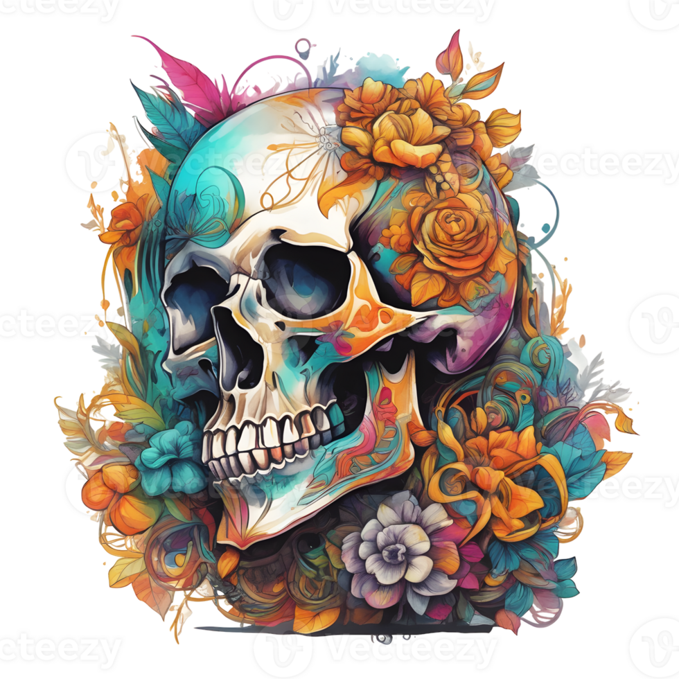 Abstract Watercolor Skull With Flowers, Watercolor Floral Skull Design For Halloween Day, Generative AI png
