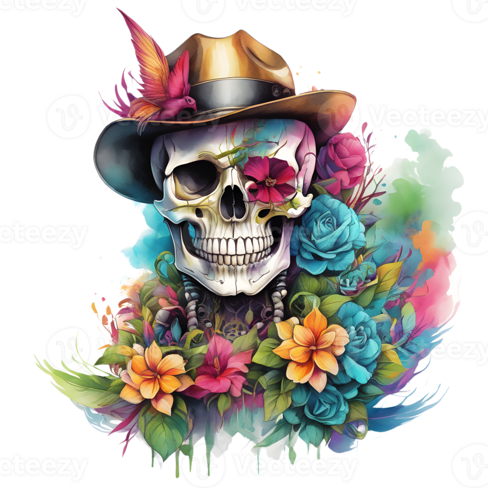 abstrakt vattenfärg skalle med blommor, vattenfärg blommig skalle design för halloween dag, generativ ai png