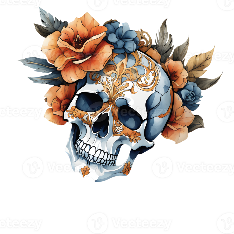 Abstract Watercolor Skull With Flowers, Watercolor Floral Skull Design For Halloween Day, Generative AI png