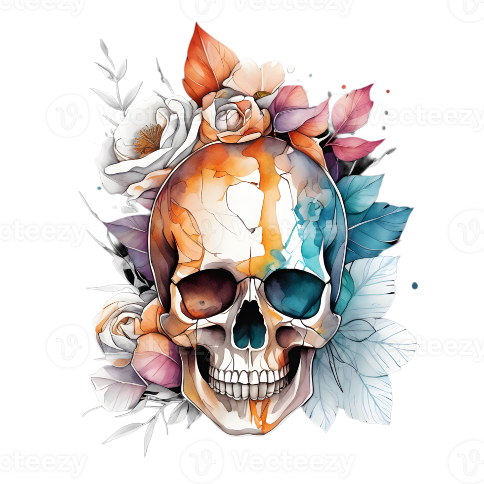 Abstract Watercolor Skull With Flowers, Watercolor Floral Skull Design