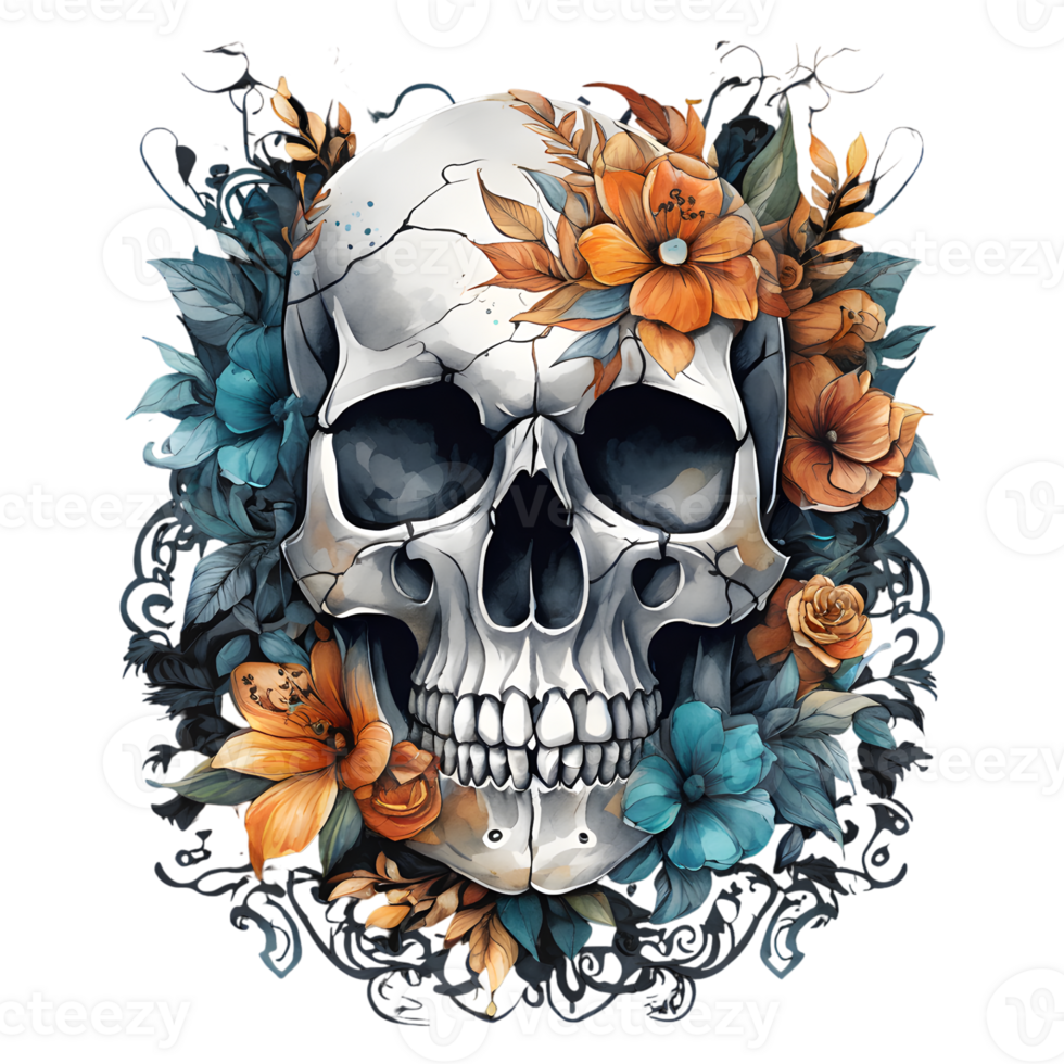 Abstract Watercolor Skull With Flowers, Watercolor Floral Skull Design