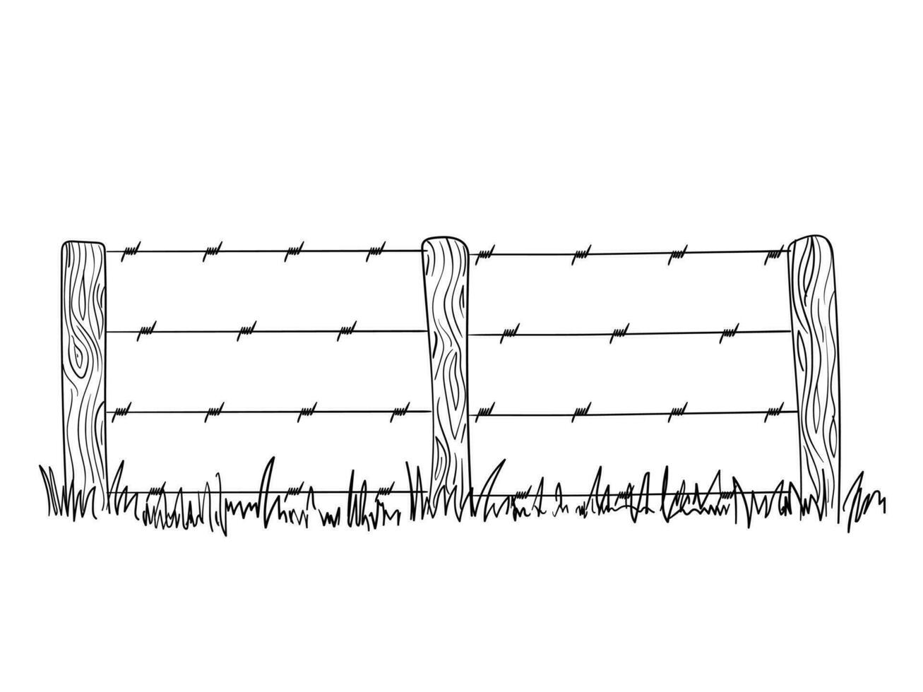 Wooden posts with barbed wire. Hand drawn simple vector outline. Rural farm fence, field fencing