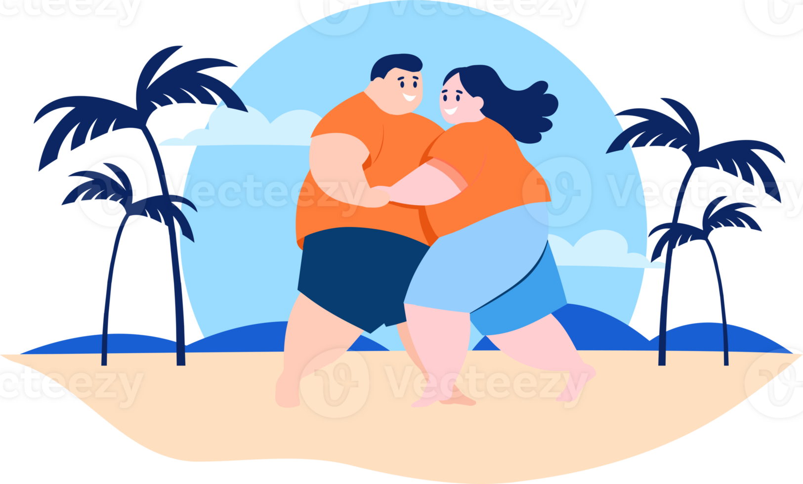 Hand Drawn overweight Tourists relaxing by the sea on vacation in flat style png