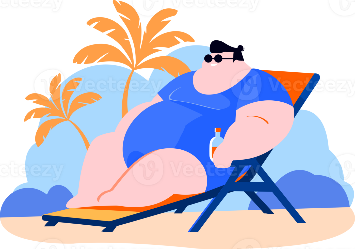 Hand Drawn overweight Tourists relaxing by the sea on vacation in flat style png