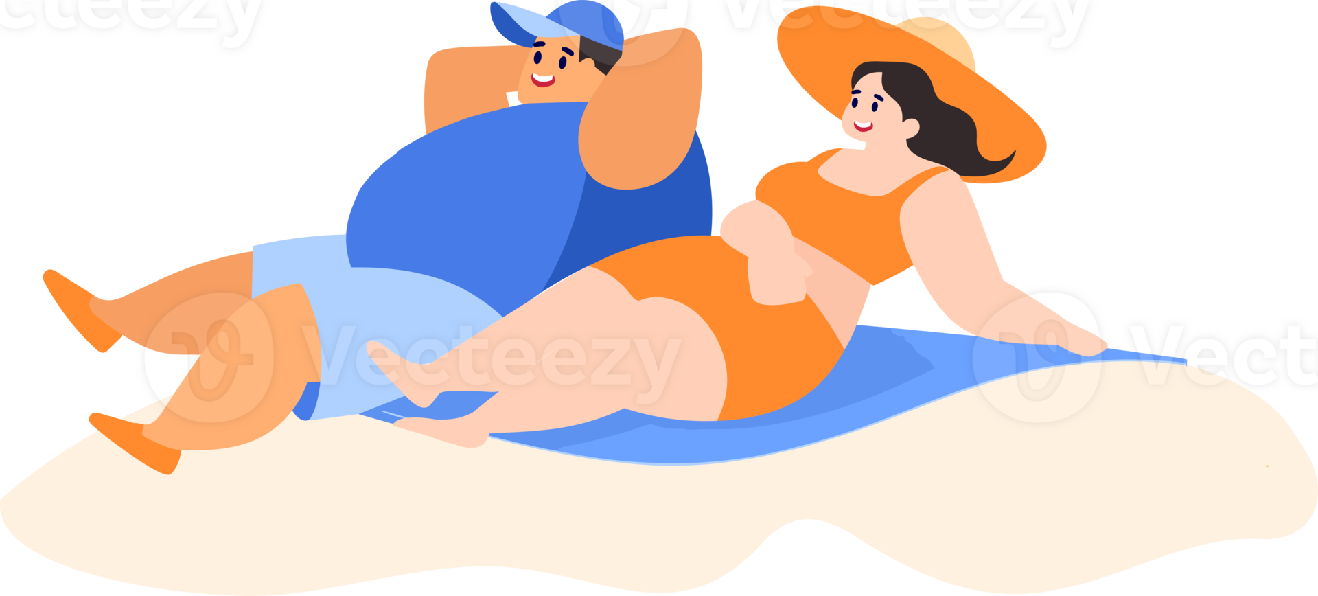 Hand Drawn overweight Tourists relaxing by the sea on vacation in flat style png