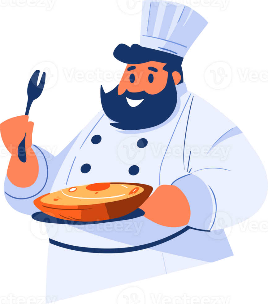 Hand Drawn Overweight chef cooking in the kitchen in flat style png