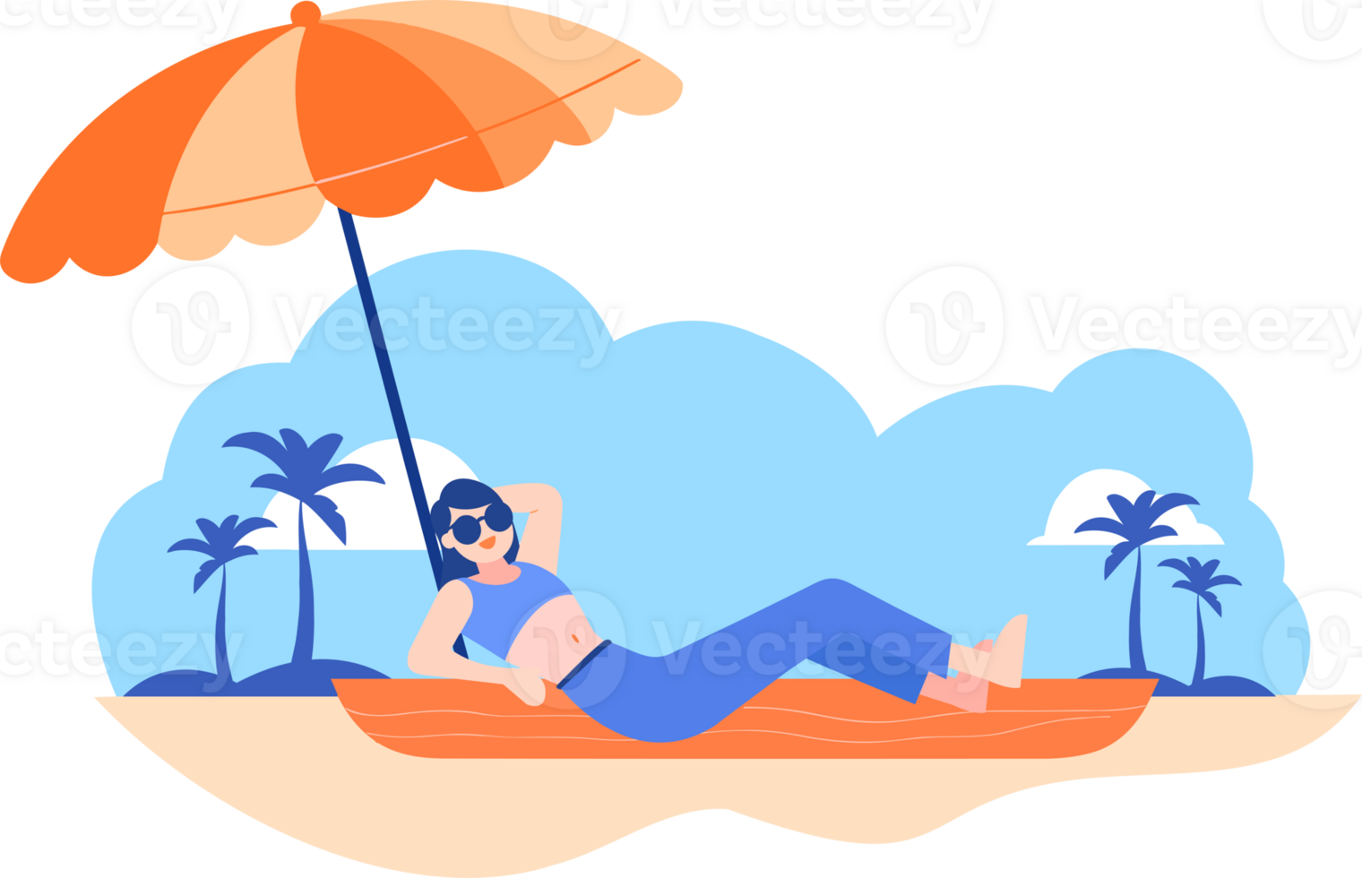 Hand Drawn Tourists relaxing by the sea on vacation in flat style png