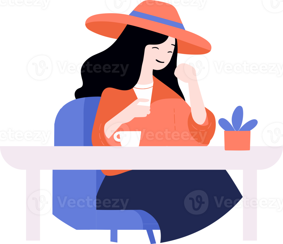 Hand Drawn Female office worker relaxing while drinking coffee in flat style png