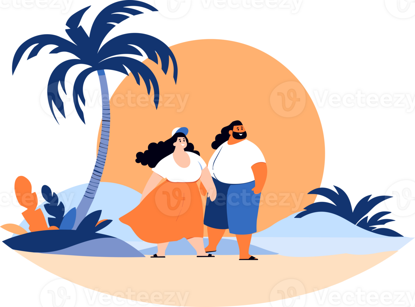 Hand Drawn overweight Tourists relaxing by the sea on vacation in flat style png
