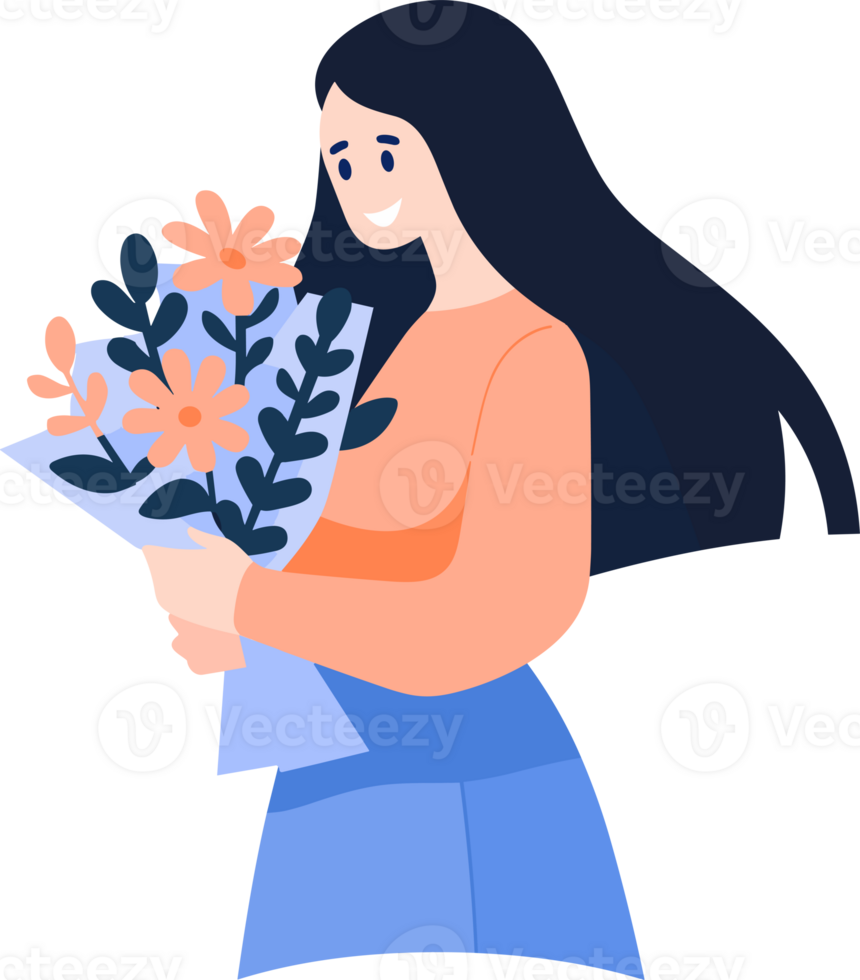 Hand Drawn Woman with flowers in the concept of Woman Day in flat style png