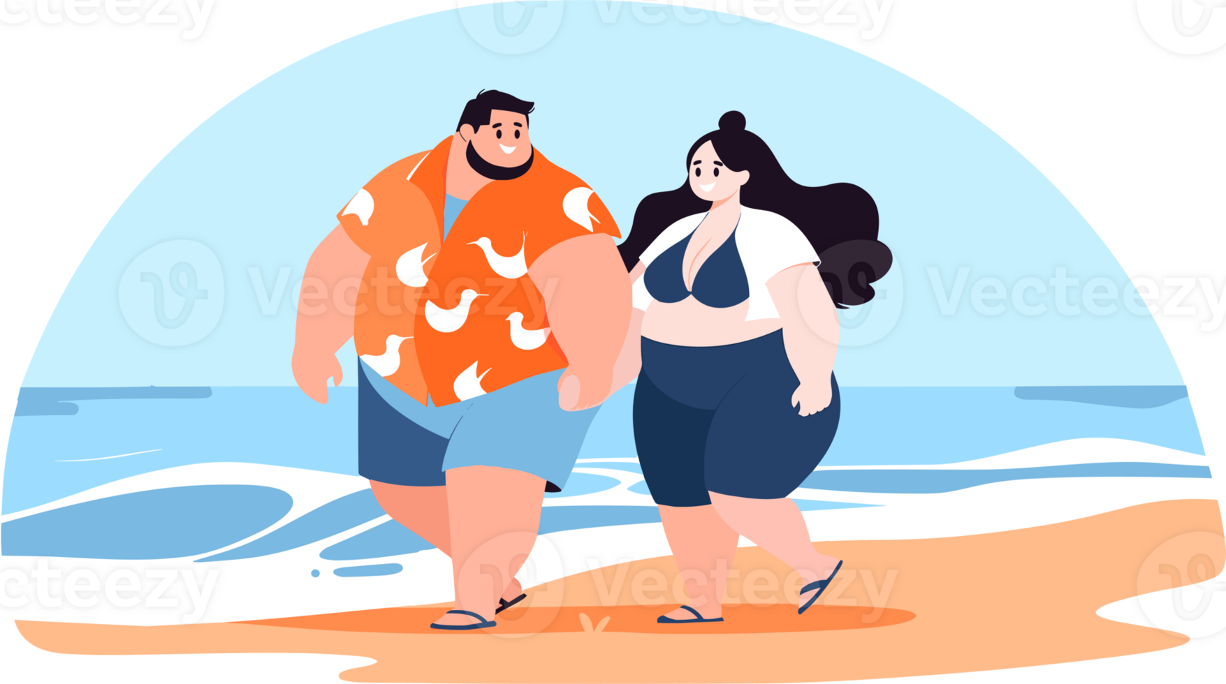 Hand gezeichnet Übergewicht Touristen entspannend durch das Meer auf Ferien im eben Stil png