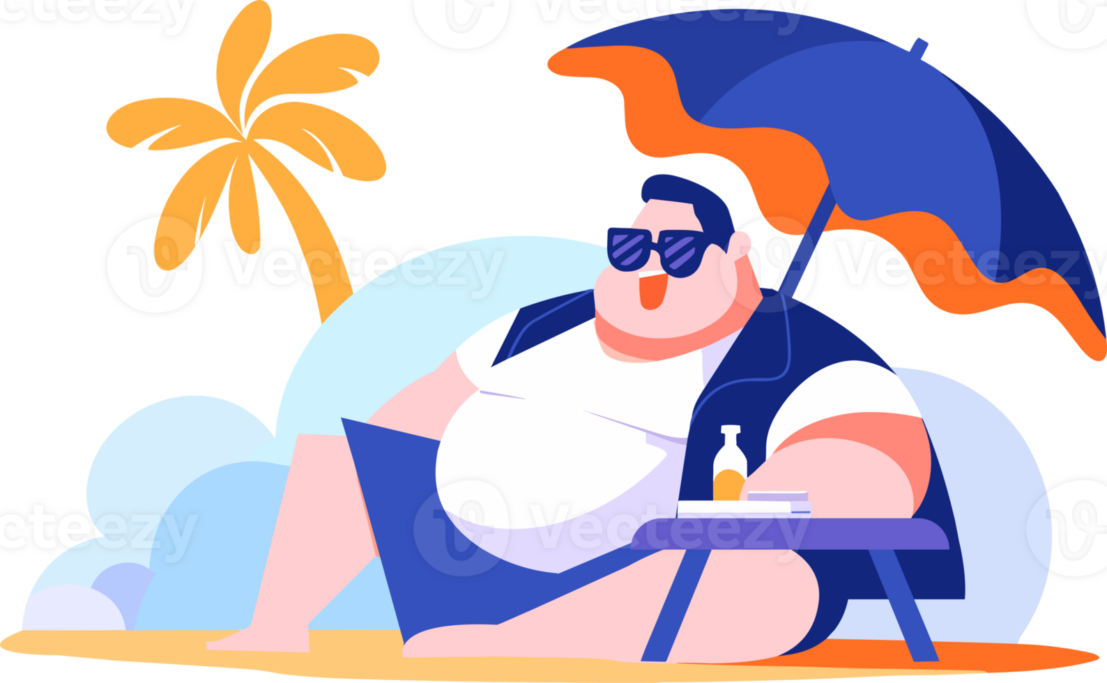 Hand Drawn overweight Tourists relaxing by the sea on vacation in flat style png