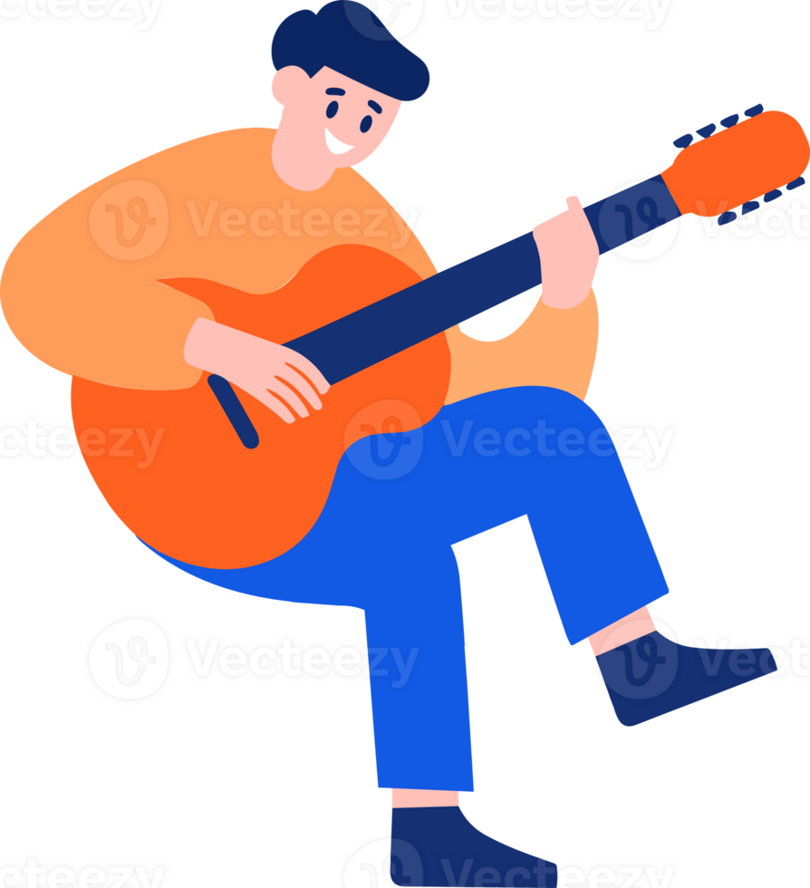 Hand Drawn Male musician playing acoustic guitar in flat style png