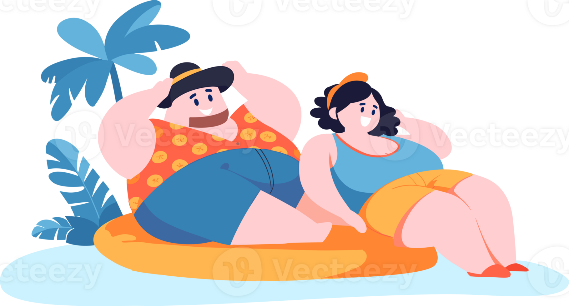 Hand Drawn overweight Tourists relaxing by the sea on vacation in flat style png