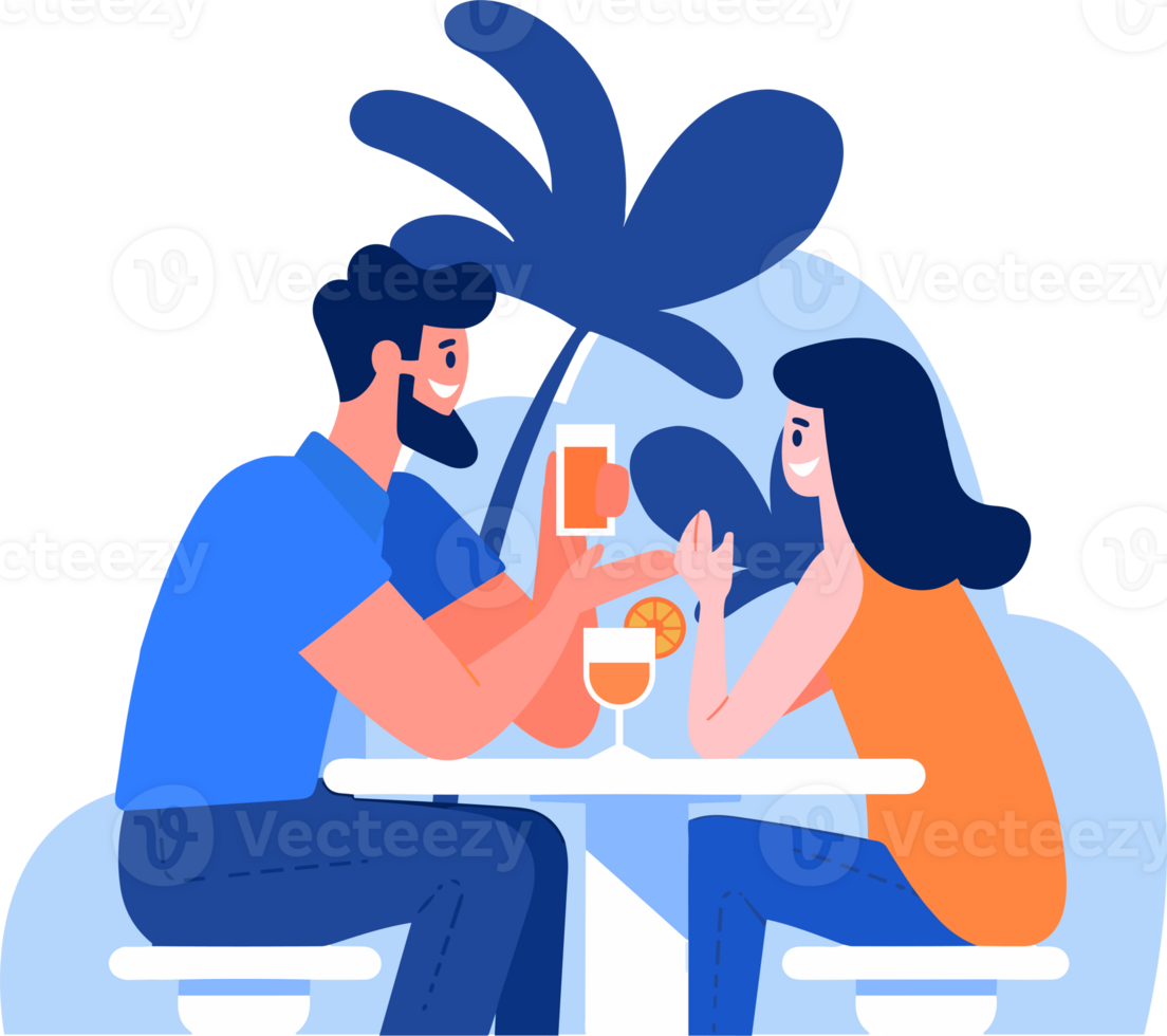 Hand Drawn couple having a drink at a bar by the sea in flat style png