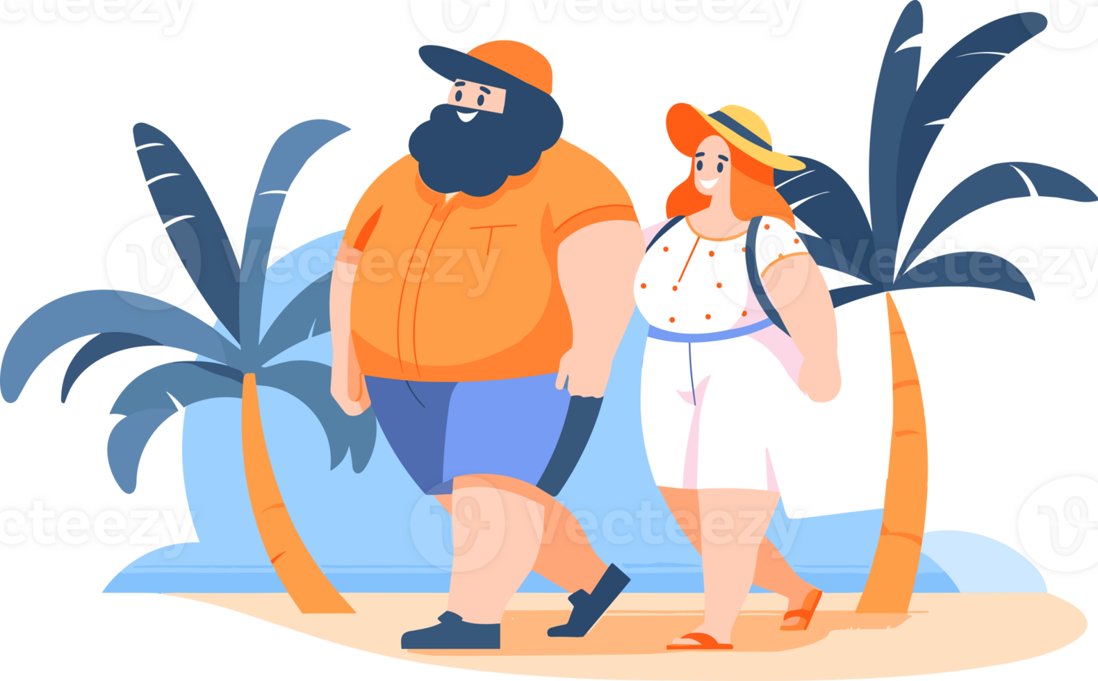 Hand Drawn overweight Tourists relaxing by the sea on vacation in flat style png