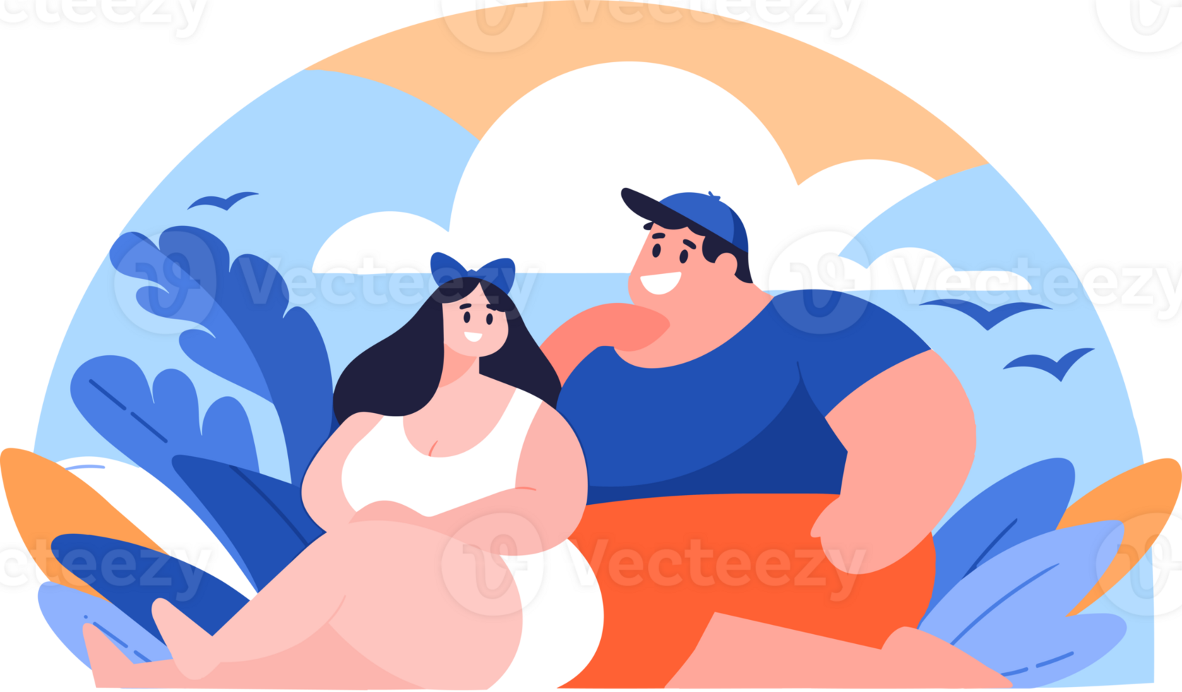 Hand Drawn overweight Tourists relaxing by the sea on vacation in flat style png